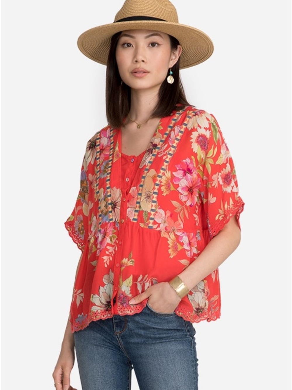 Johnny Was Coral Floral Button-Front Peasant Blouse
